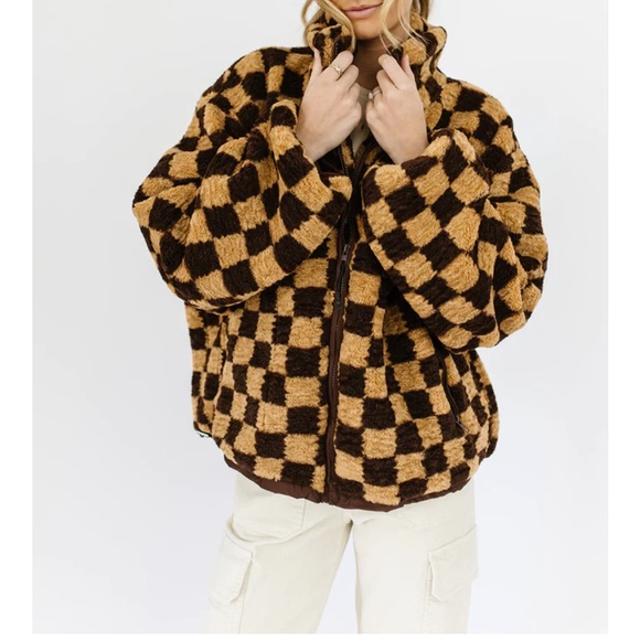 Brown and Black Checkered Fleece Jacket - Picture 5 of 6